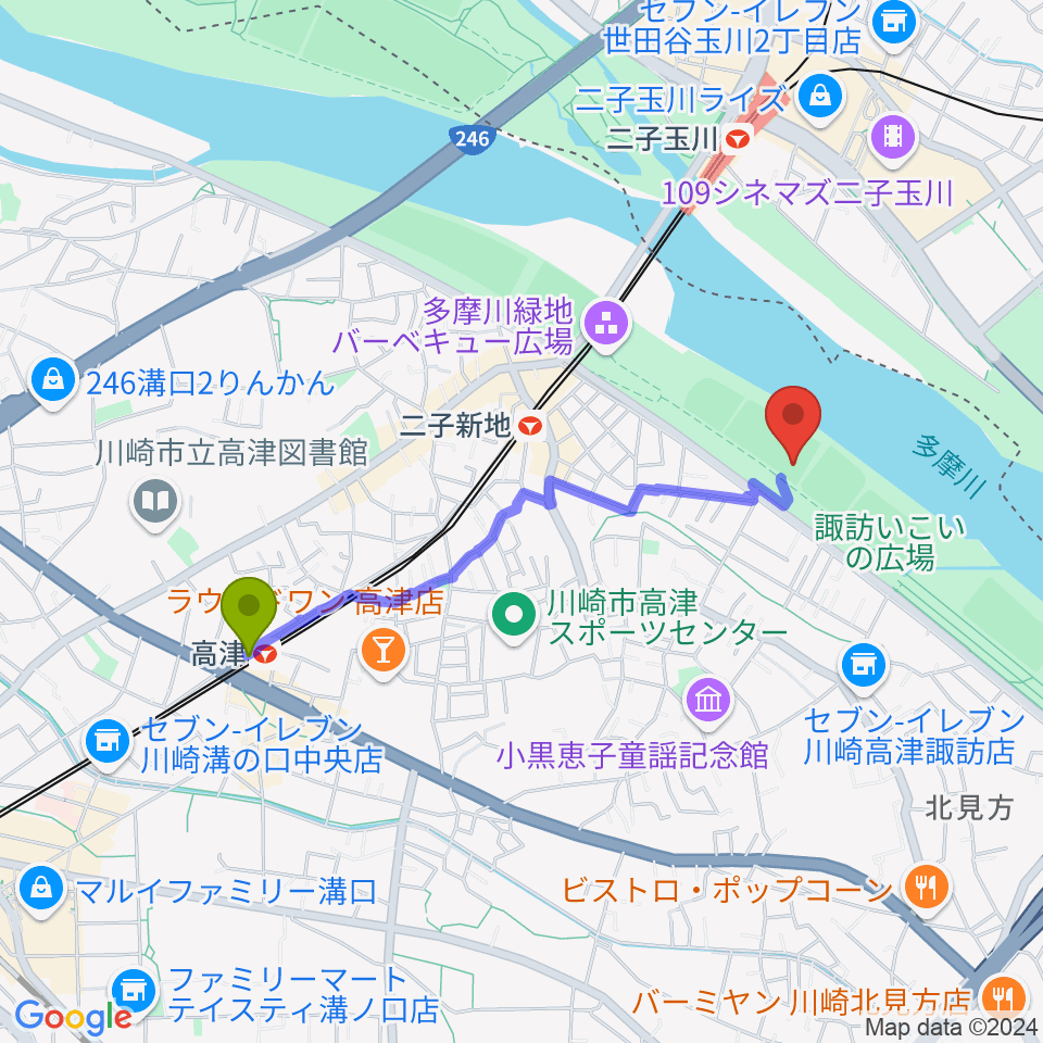 高津駅から諏訪球場へのルートマップ地図