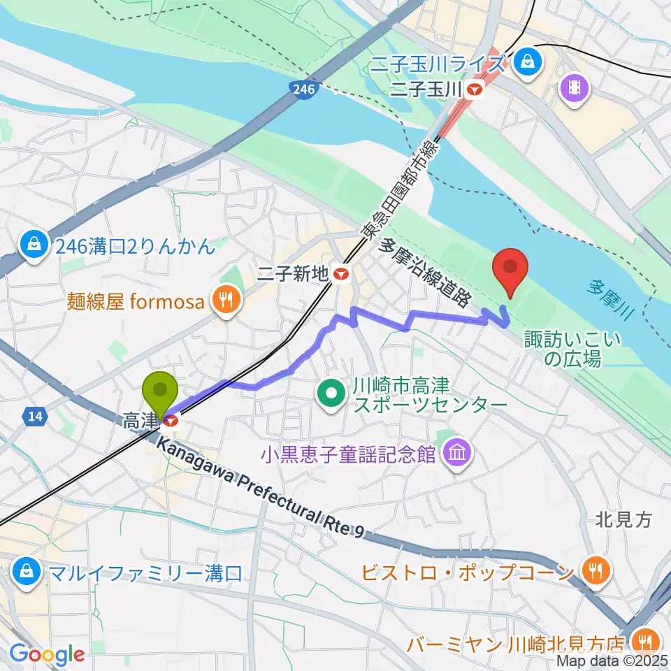 高津駅から諏訪球場へのルートマップ地図