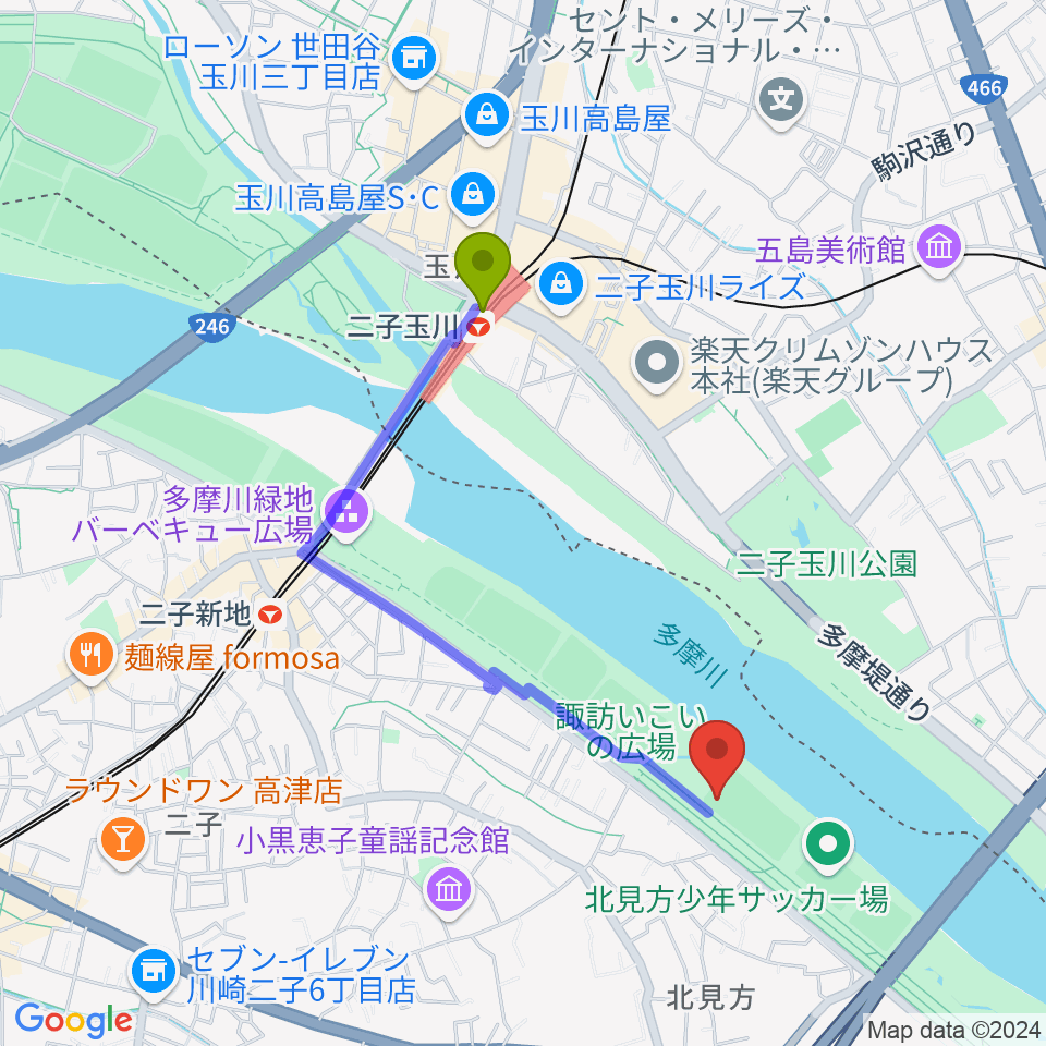 二子玉川駅から北見方野球場へのルートマップ地図