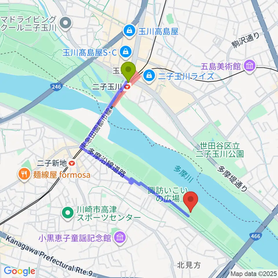 二子玉川駅から北見方野球場へのルートマップ地図