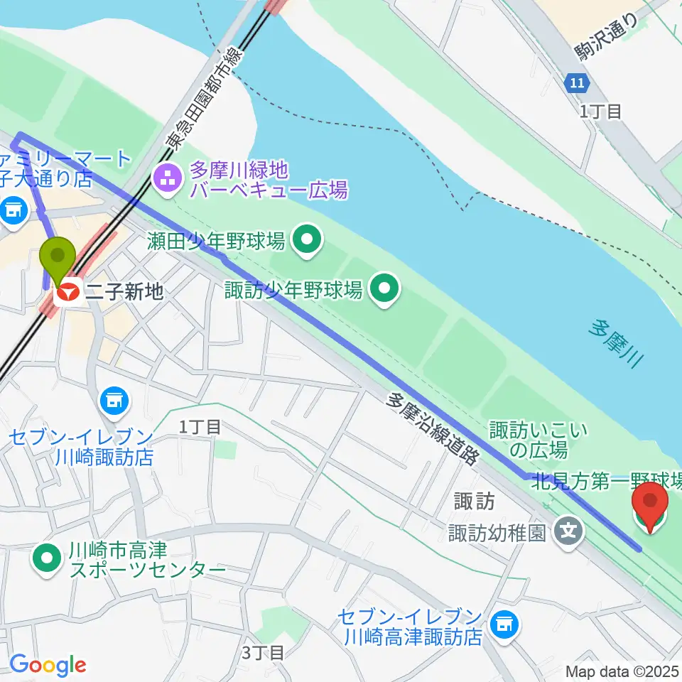 北見方野球場の最寄駅二子新地駅からの徒歩ルート（約15分）地図