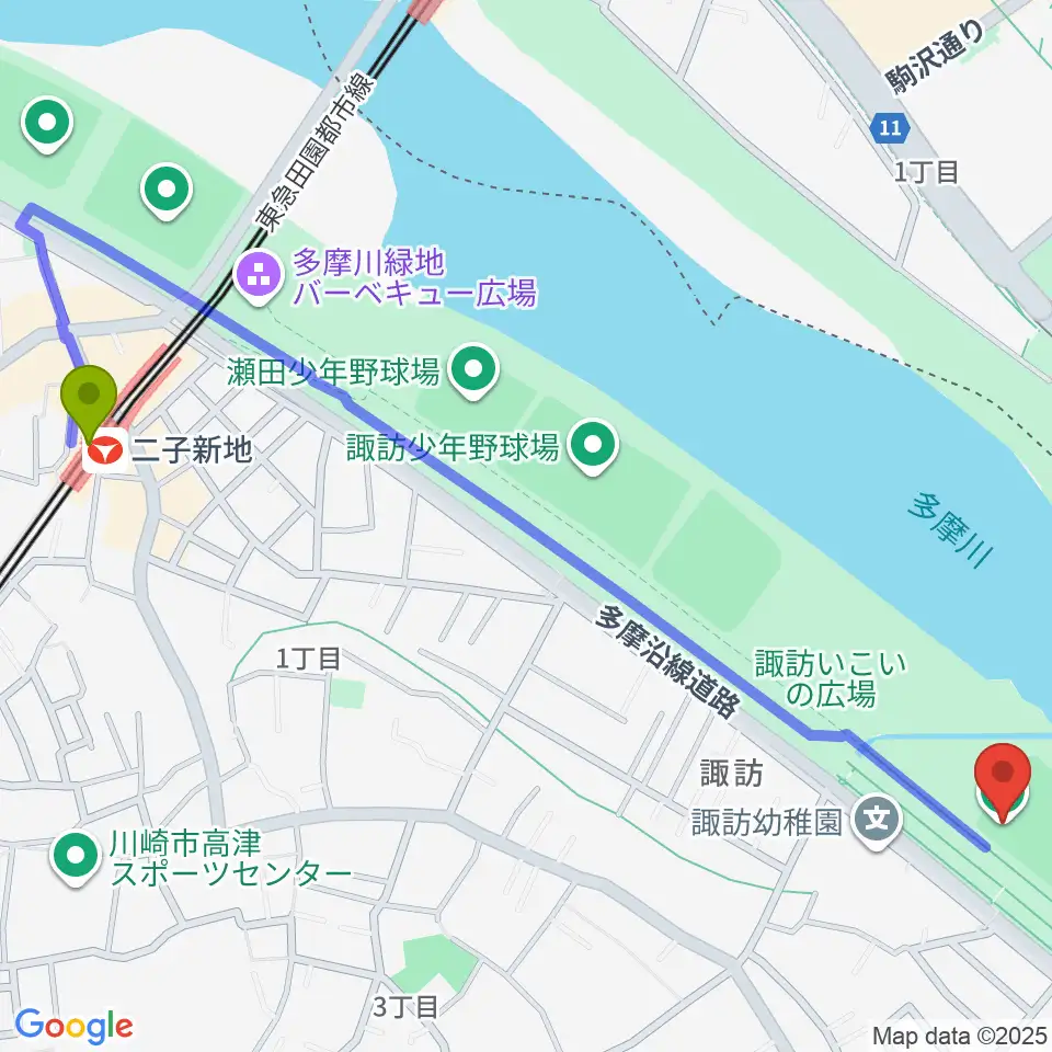 北見方野球場の最寄駅二子新地駅からの徒歩ルート（約15分）地図