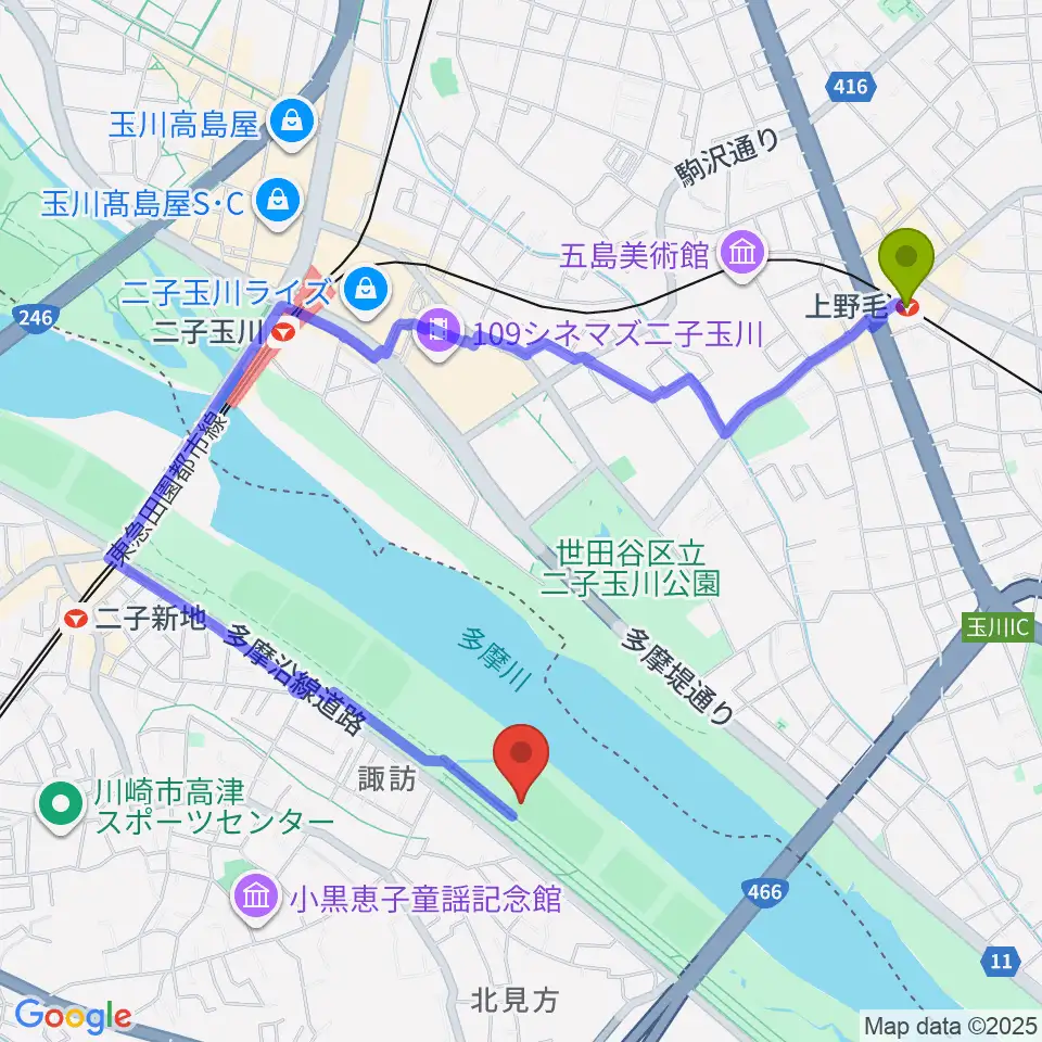 上野毛駅から北見方野球場へのルートマップ地図