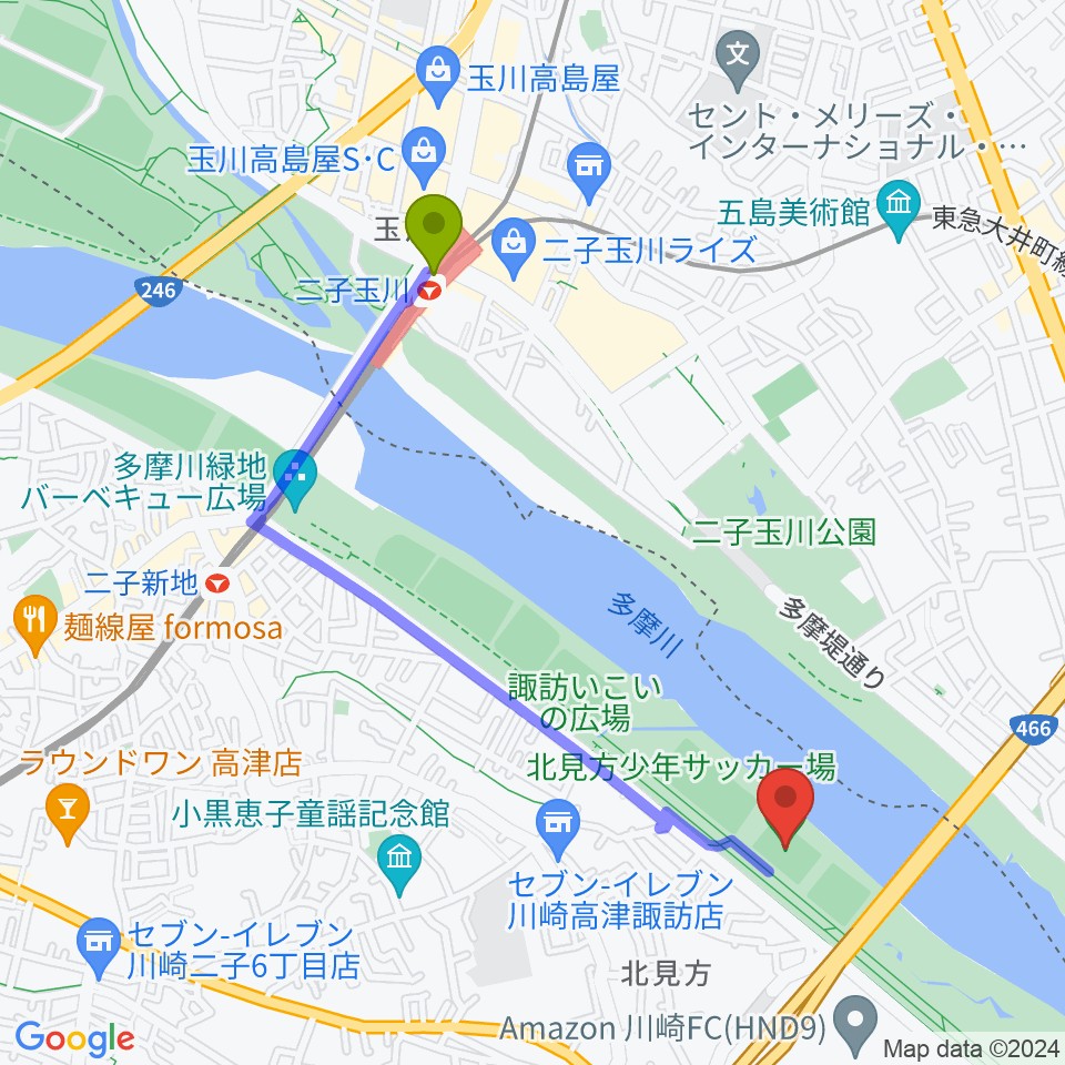 二子玉川駅から北見方少年サッカー場へのルートマップ地図