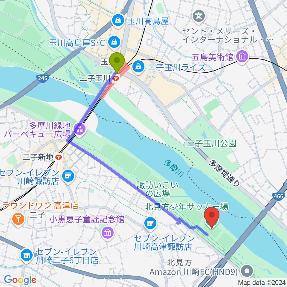 二子玉川駅から北見方少年サッカー場へのルートマップ地図