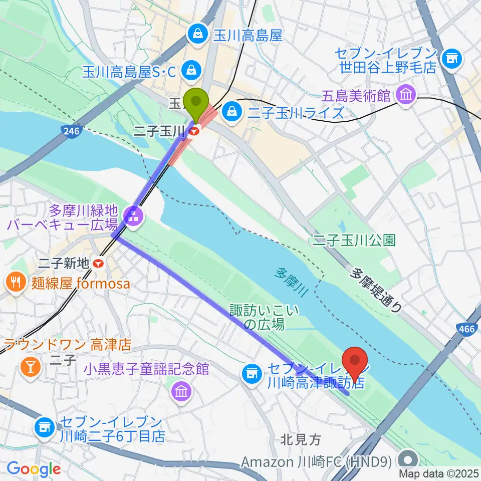 二子玉川駅から北見方少年サッカー場へのルートマップ地図