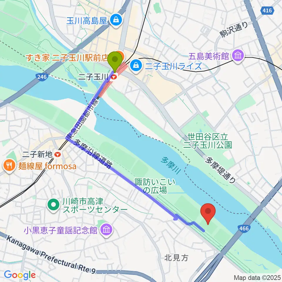 二子玉川駅から北見方少年サッカー場へのルートマップ地図