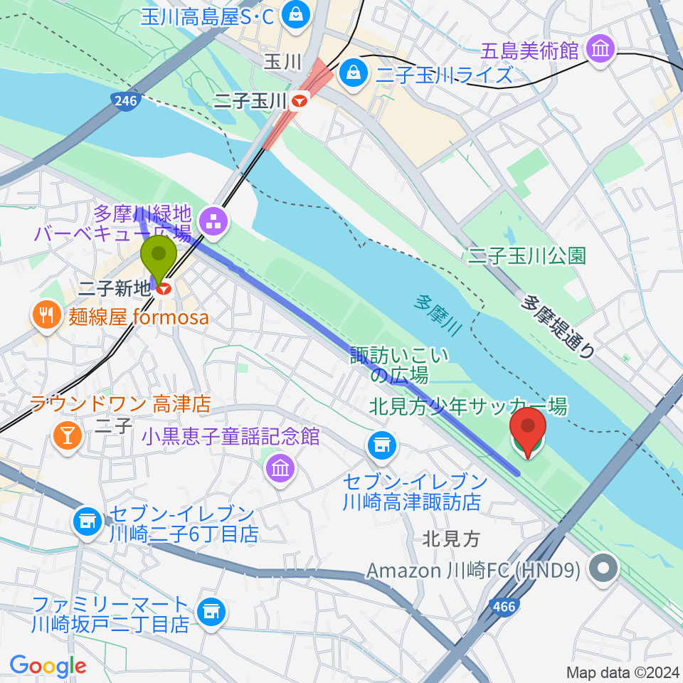 北見方少年サッカー場の最寄駅二子新地駅からの徒歩ルート（約19分）地図