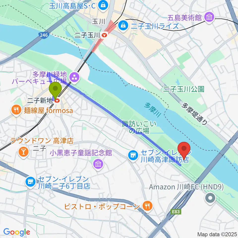 北見方少年サッカー場の最寄駅二子新地駅からの徒歩ルート（約19分）地図