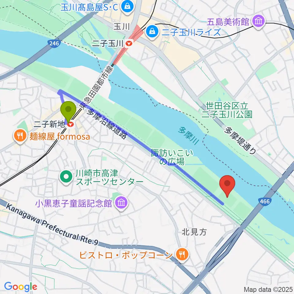 北見方少年サッカー場の最寄駅二子新地駅からの徒歩ルート（約19分）地図