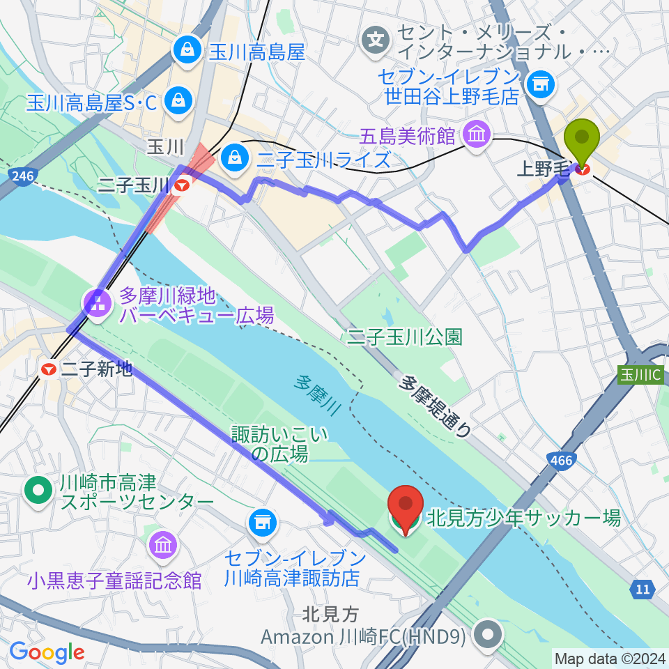 上野毛駅から北見方少年サッカー場へのルートマップ地図