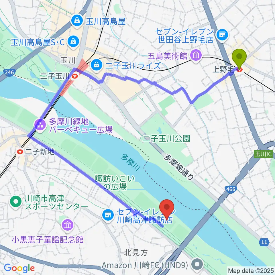 上野毛駅から北見方少年サッカー場へのルートマップ地図