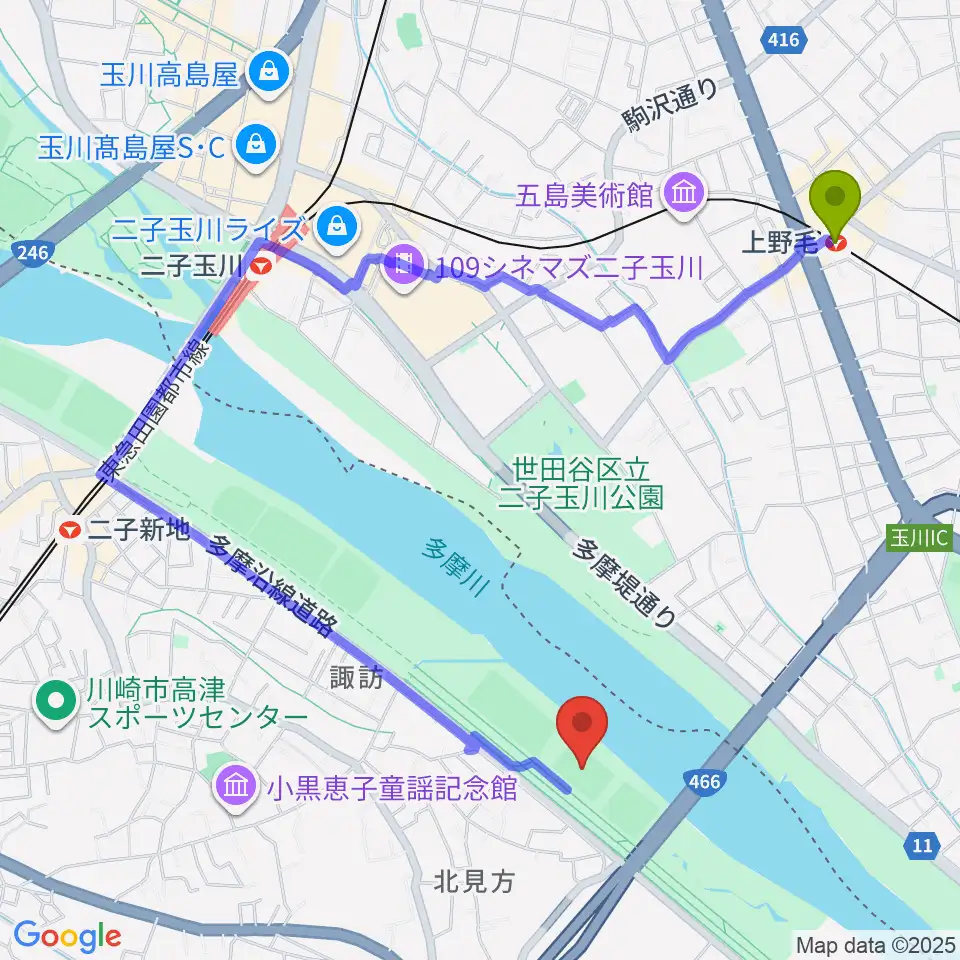 上野毛駅から北見方少年サッカー場へのルートマップ地図