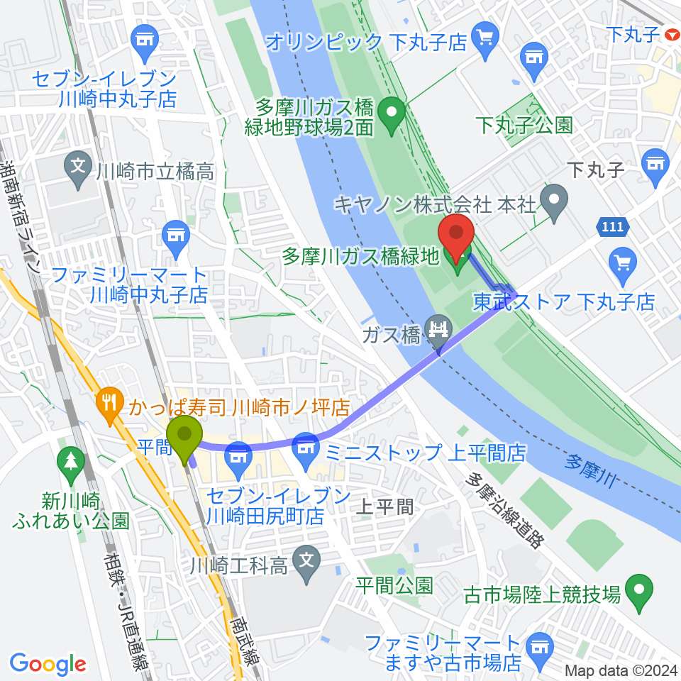 平間駅から多摩川ガス橋緑地球技場へのルートマップ地図