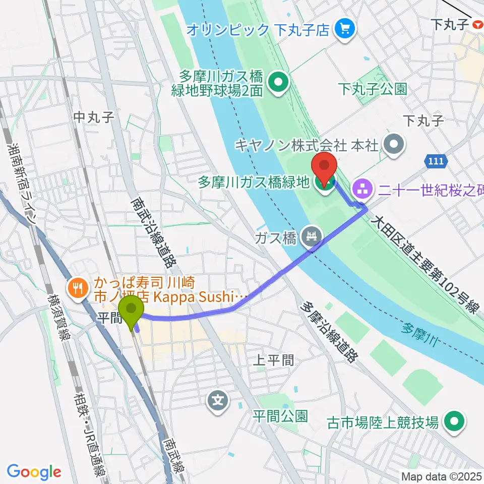 平間駅から多摩川ガス橋緑地球技場へのルートマップ地図