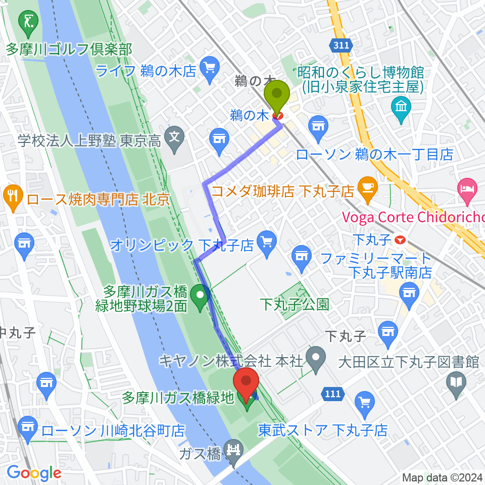 鵜の木駅から多摩川ガス橋緑地球技場へのルートマップ地図