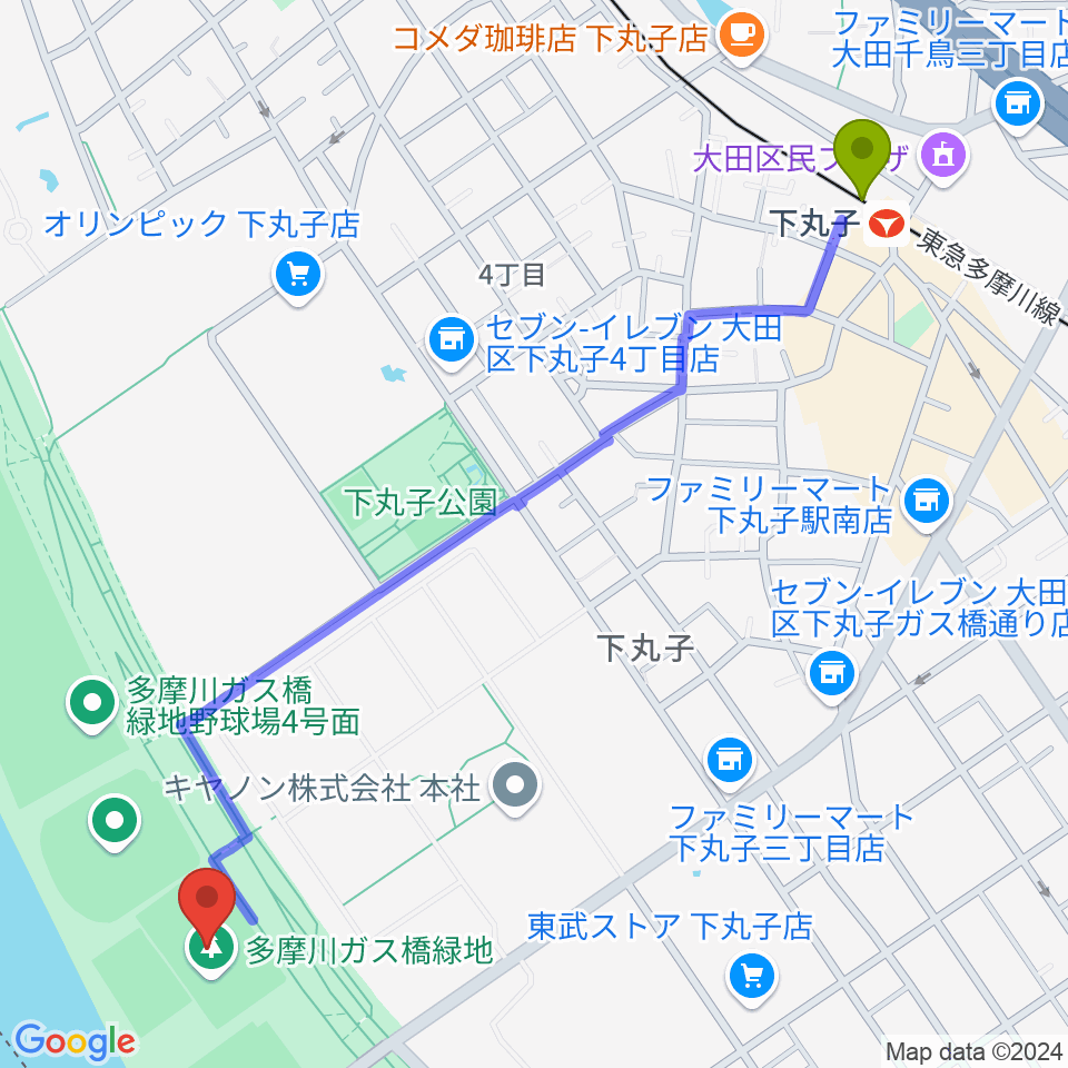 多摩川ガス橋緑地球技場の最寄駅下丸子駅からの徒歩ルート（約14分）地図