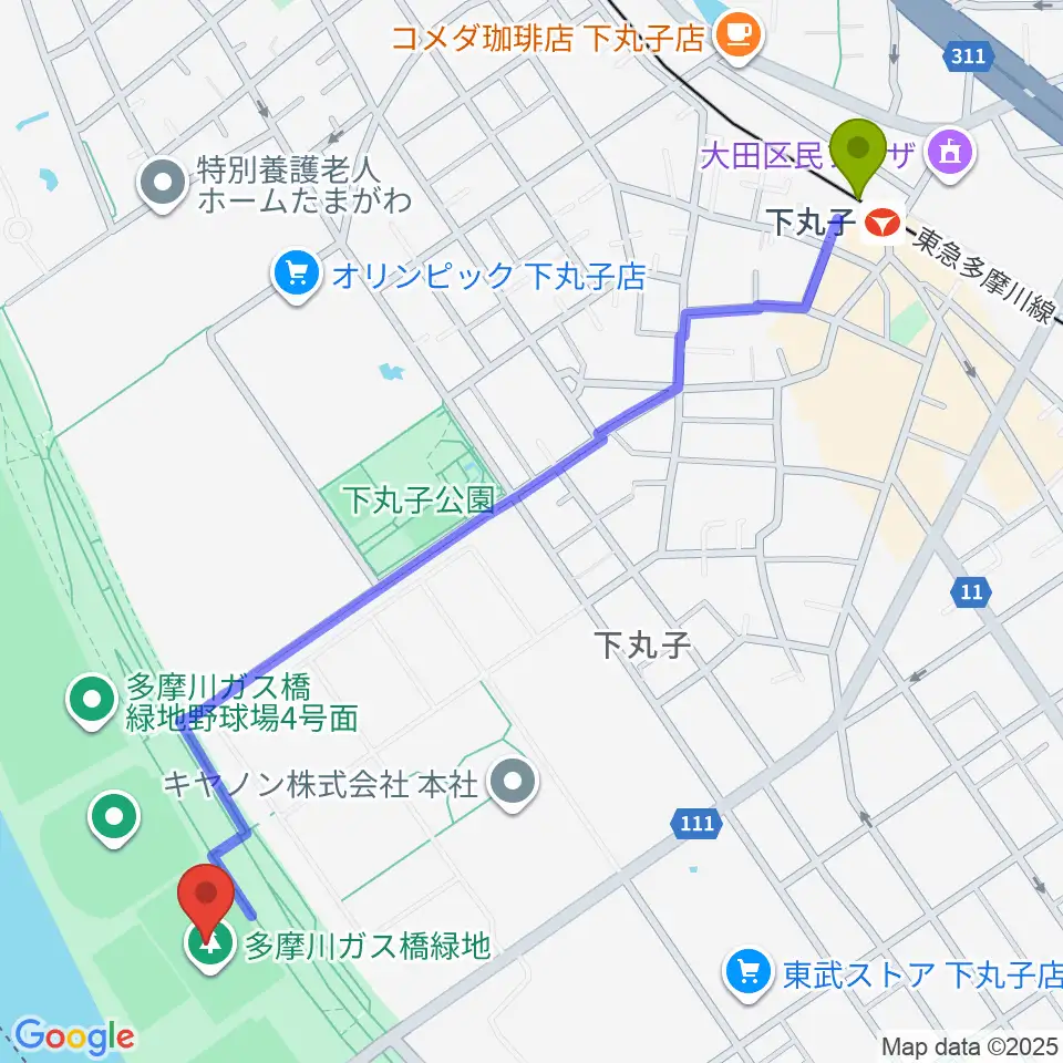 多摩川ガス橋緑地球技場の最寄駅下丸子駅からの徒歩ルート（約14分）地図