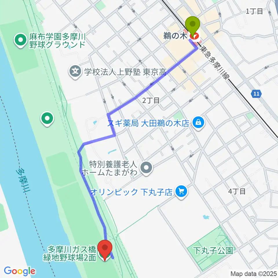多摩川ガス橋緑地野球場の最寄駅鵜の木駅からの徒歩ルート（約13分）地図