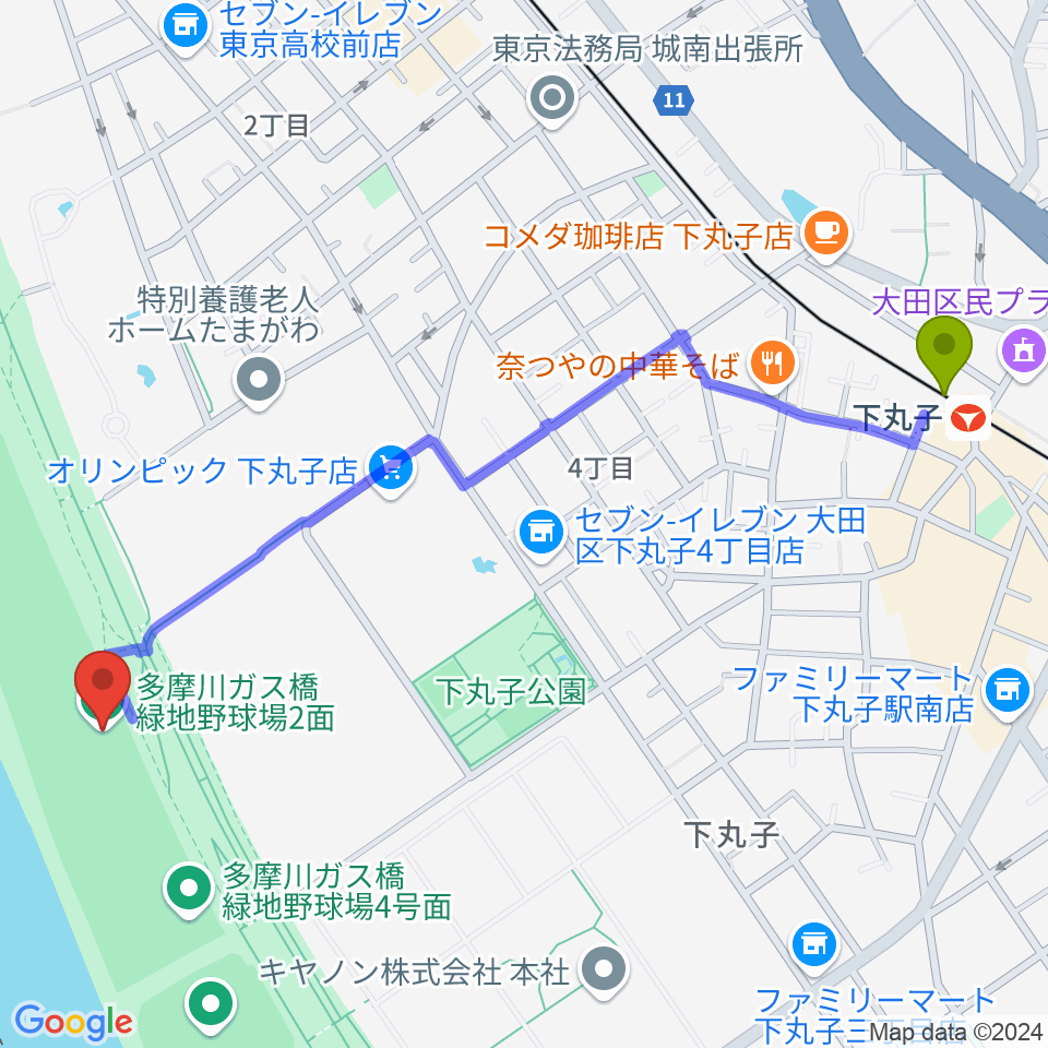 下丸子駅から多摩川ガス橋緑地野球場へのルートマップ地図