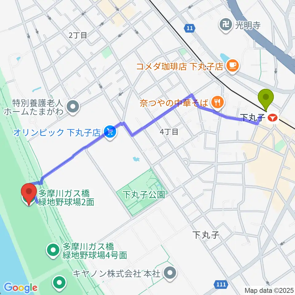 下丸子駅から多摩川ガス橋緑地野球場へのルートマップ地図