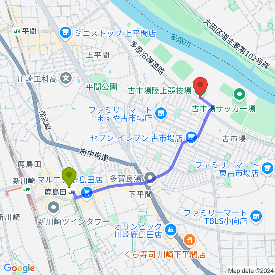 古市場陸上競技場の最寄駅鹿島田駅からの徒歩ルート（約18分）地図