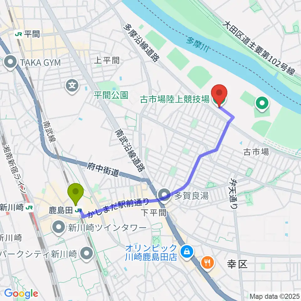 古市場陸上競技場の最寄駅鹿島田駅からの徒歩ルート（約18分）地図