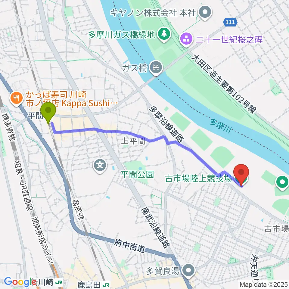 平間駅から古市場陸上競技場へのルートマップ地図