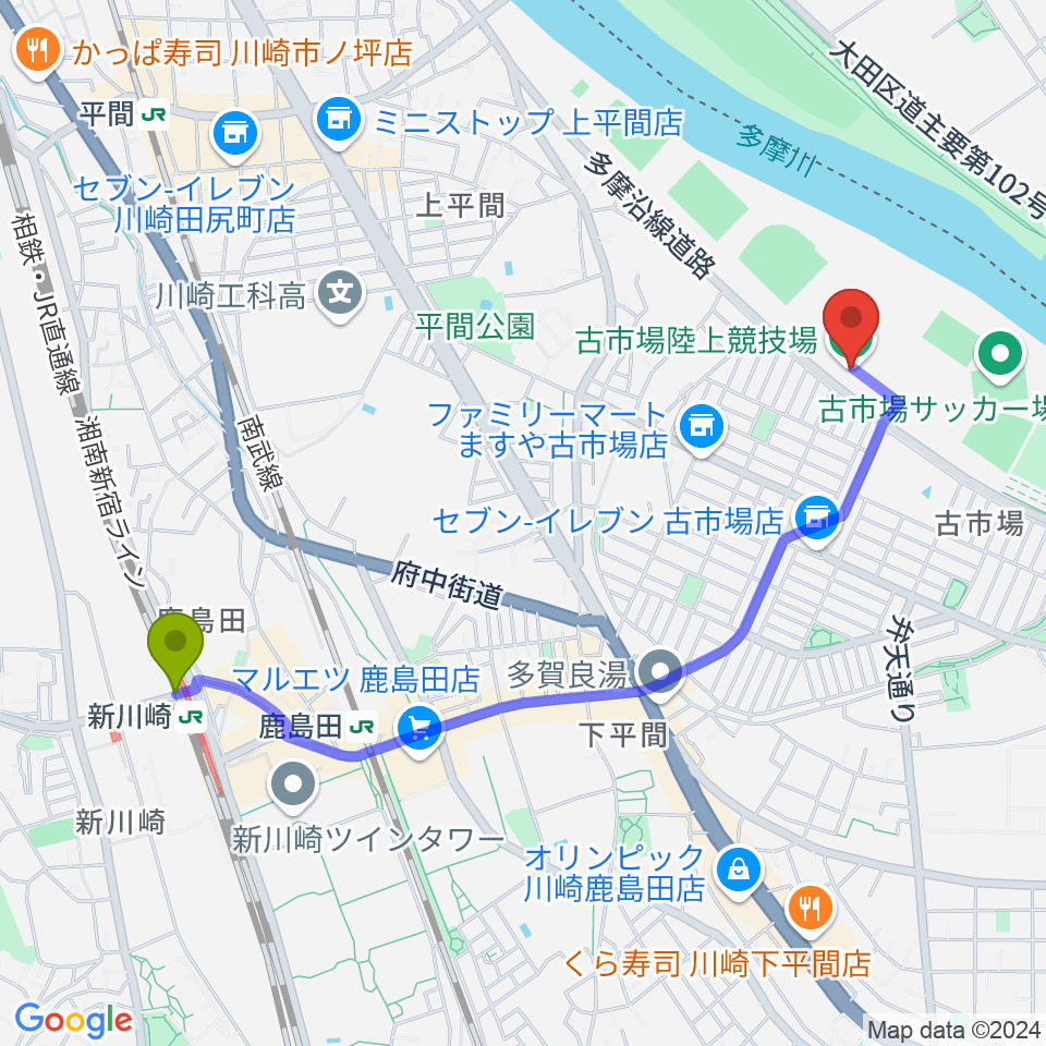 新川崎駅から古市場陸上競技場へのルートマップ地図