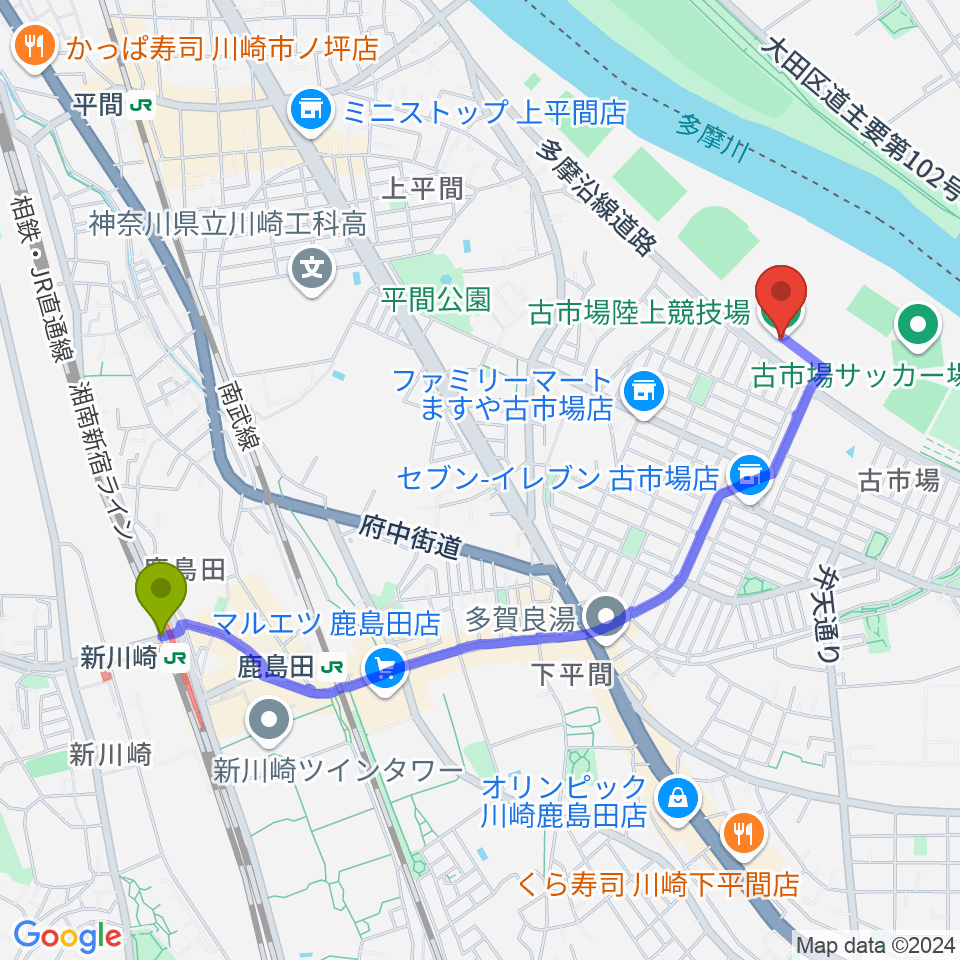 新川崎駅から古市場陸上競技場へのルートマップ地図