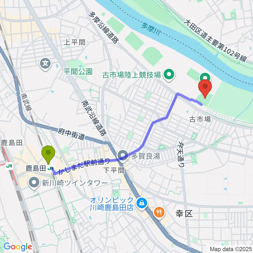 古市場野球場の最寄駅鹿島田駅からの徒歩ルート（約21分）地図