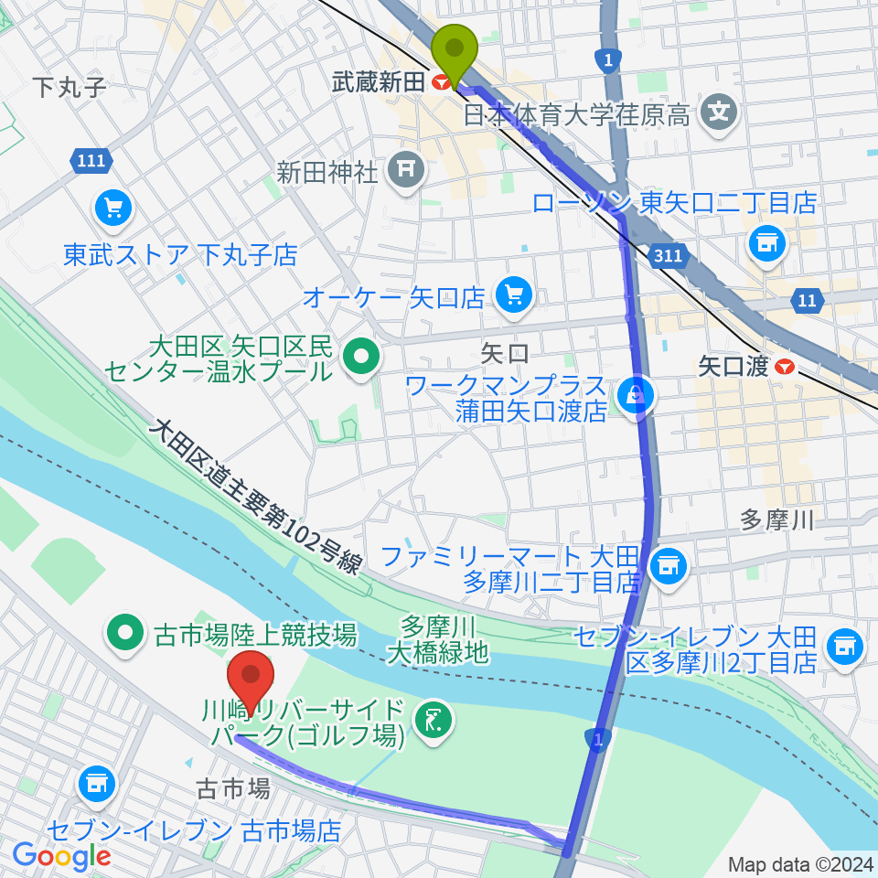 武蔵新田駅から古市場野球場へのルートマップ地図