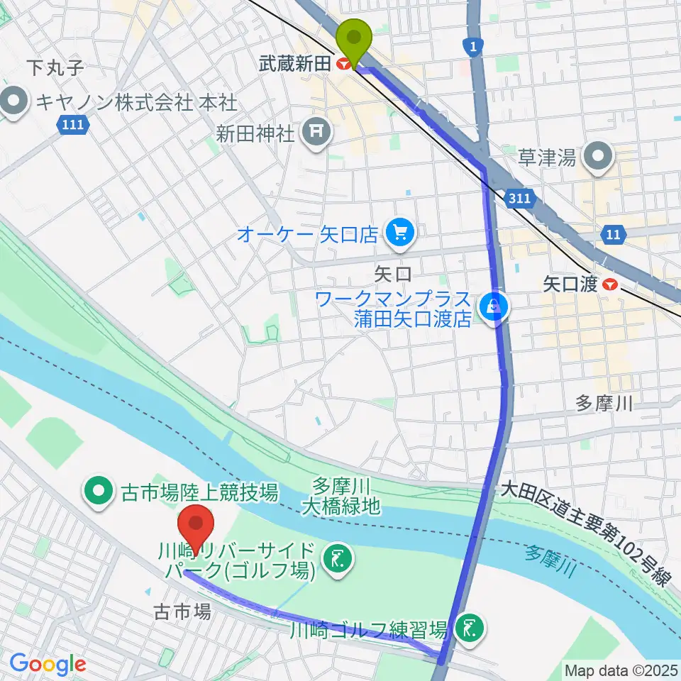 武蔵新田駅から古市場野球場へのルートマップ地図