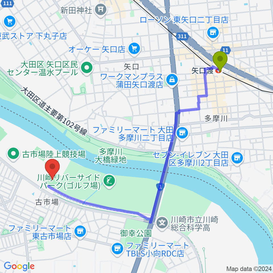 矢口渡駅から古市場野球場へのルートマップ地図