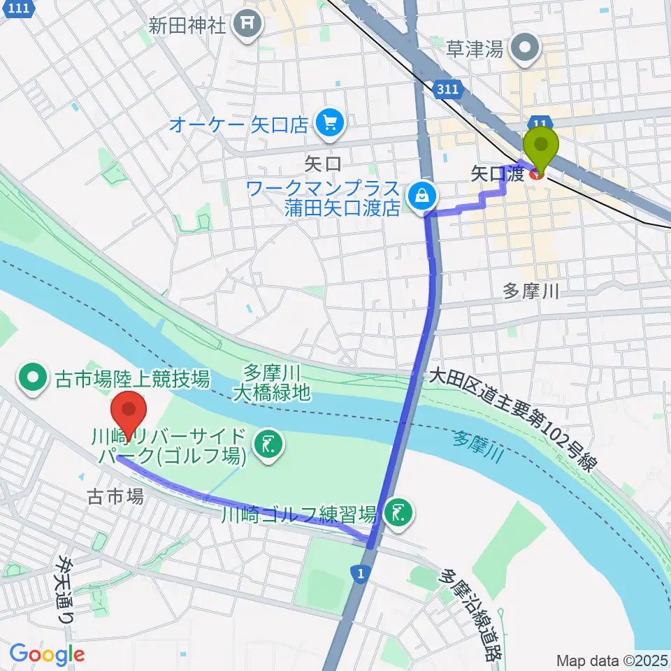 矢口渡駅から古市場野球場へのルートマップ地図