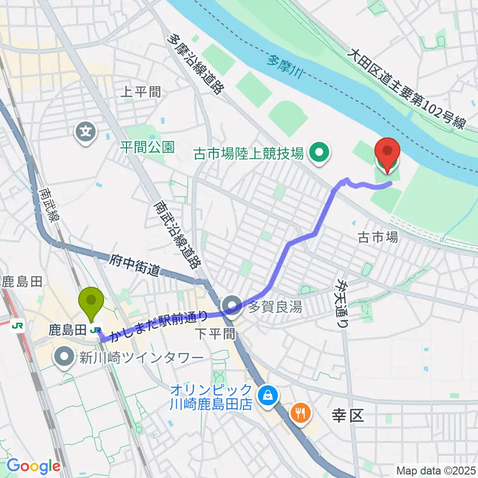 古市場サッカー場の最寄駅鹿島田駅からの徒歩ルート（約22分）地図