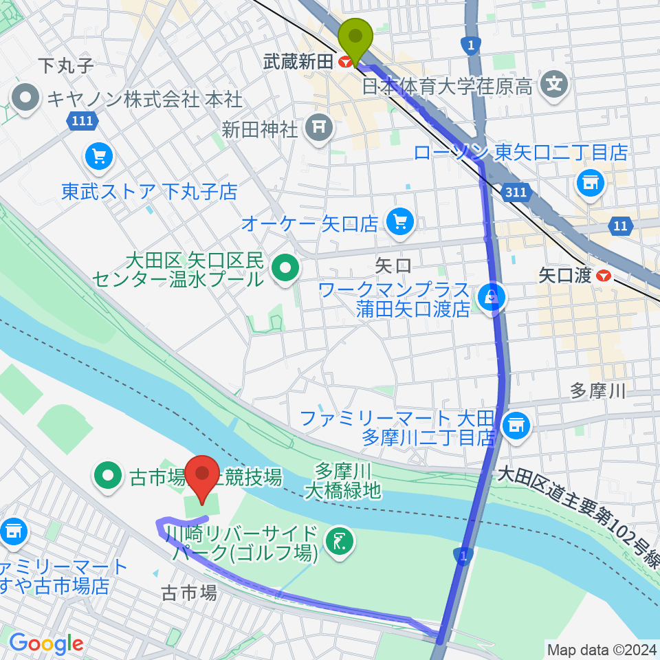 武蔵新田駅から古市場サッカー場へのルートマップ地図