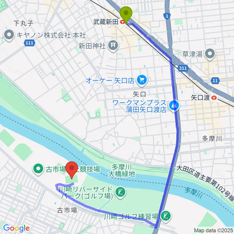 武蔵新田駅から古市場サッカー場へのルートマップ地図