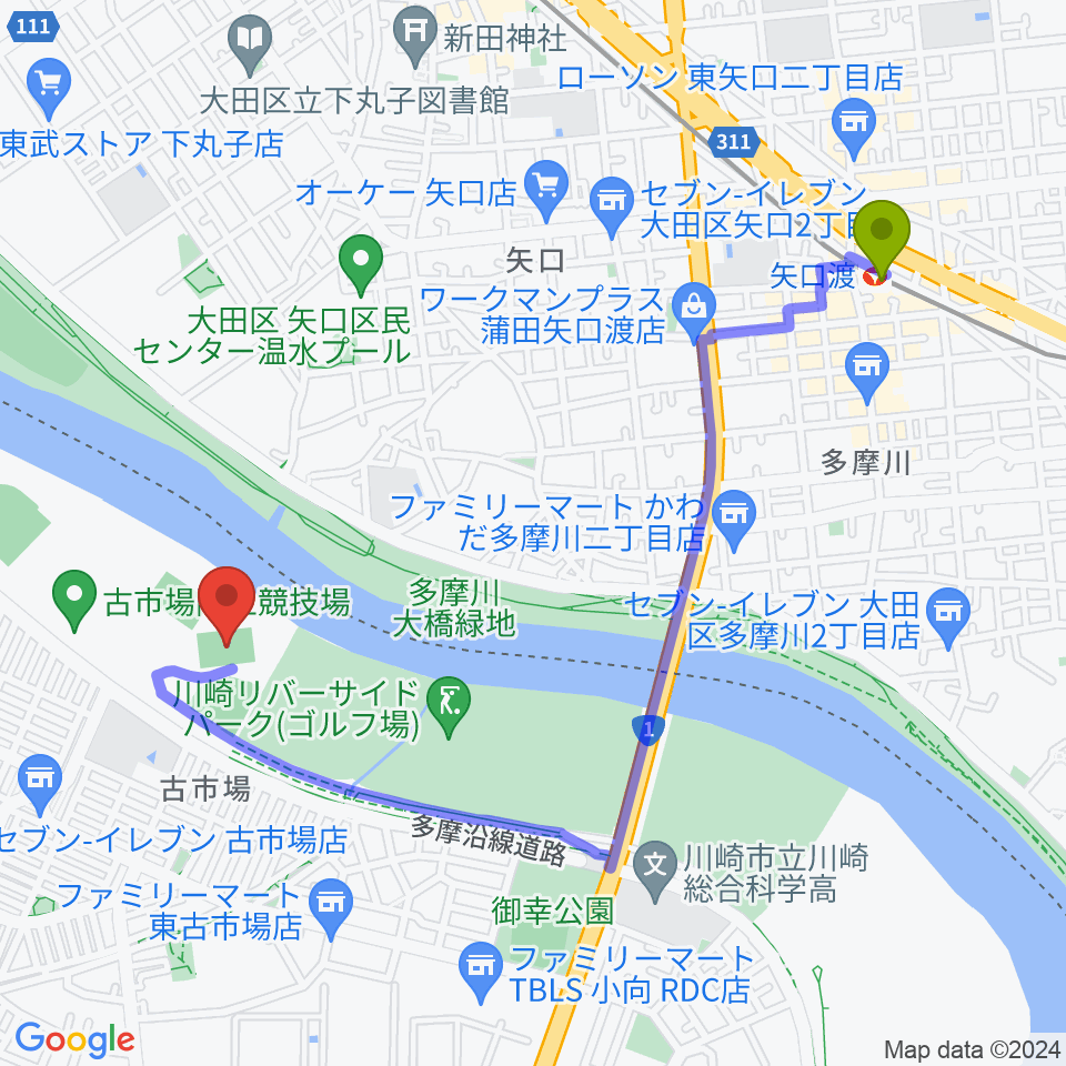矢口渡駅から古市場サッカー場へのルートマップ地図