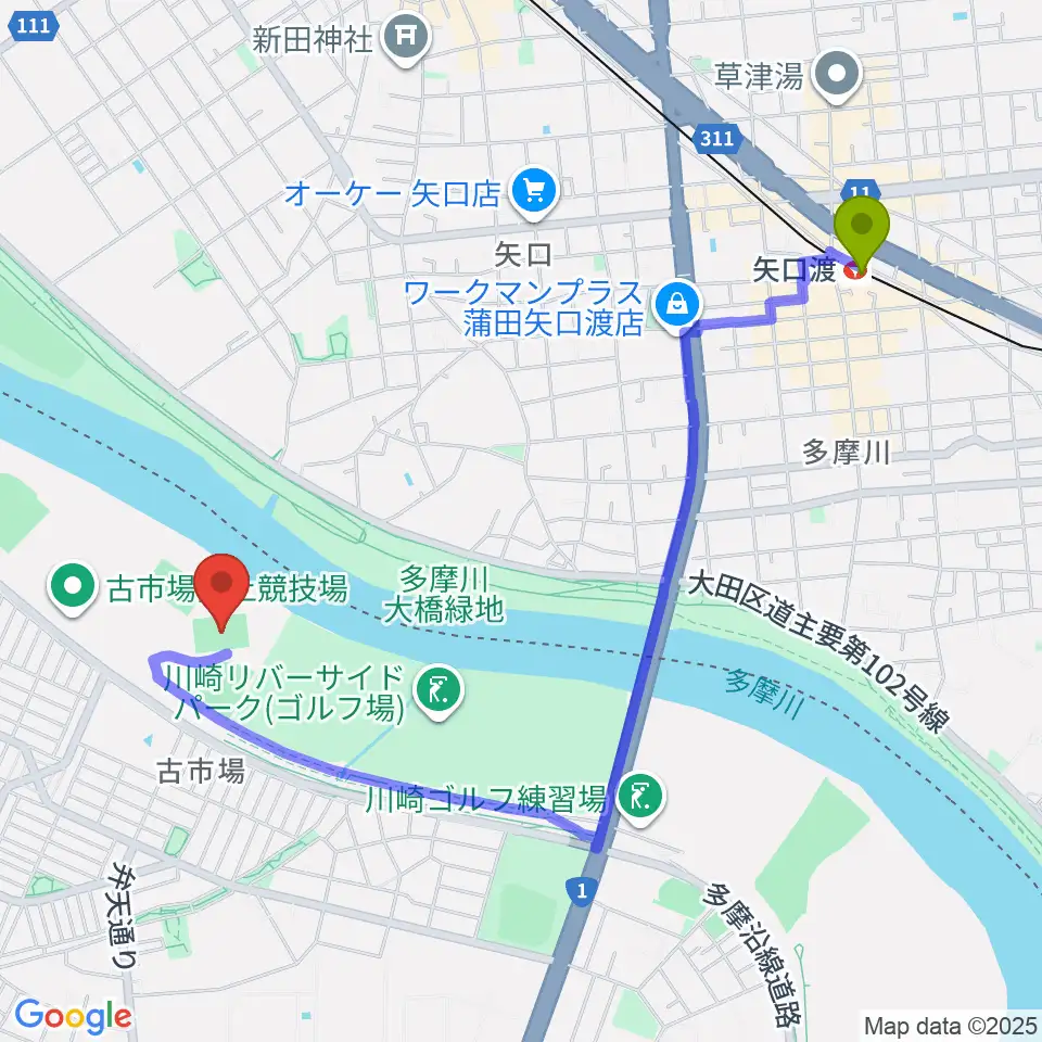 矢口渡駅から古市場サッカー場へのルートマップ地図