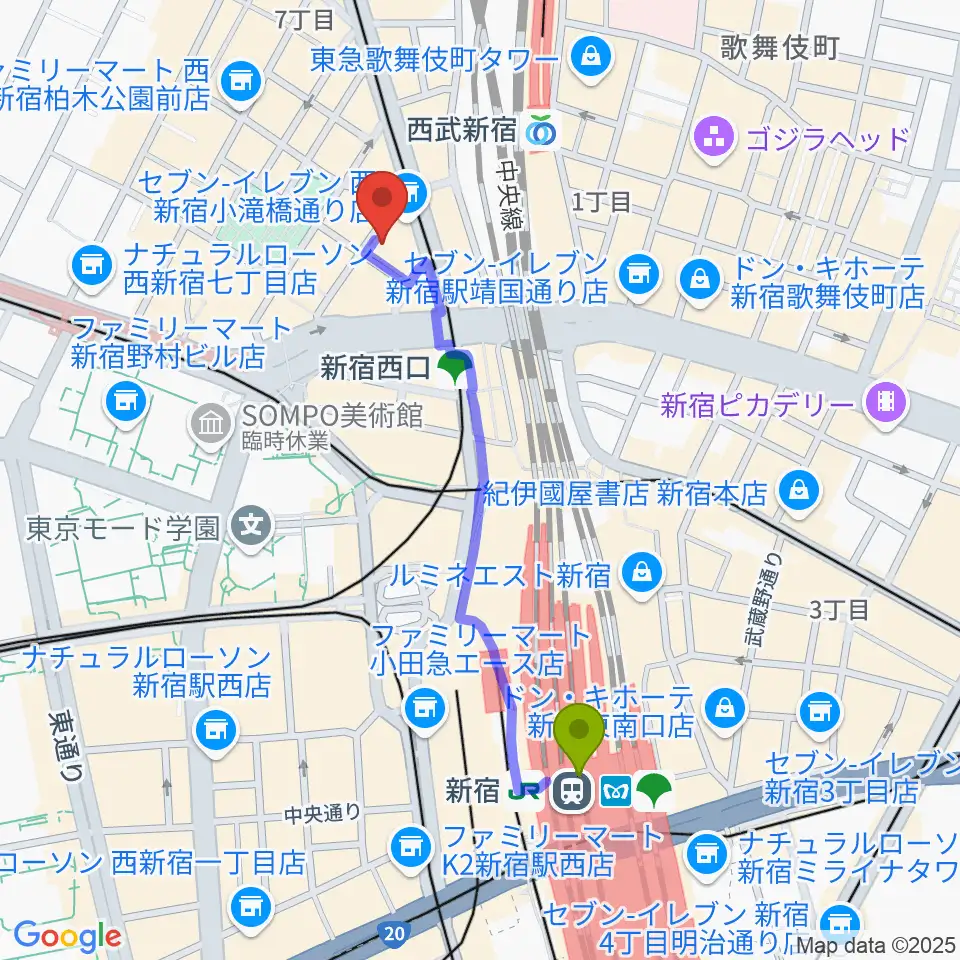 新宿駅から音楽スタジオMUSIC MANへのルートマップ地図