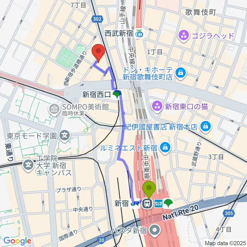 新宿駅から音楽スタジオMUSIC MANへのルートマップ地図