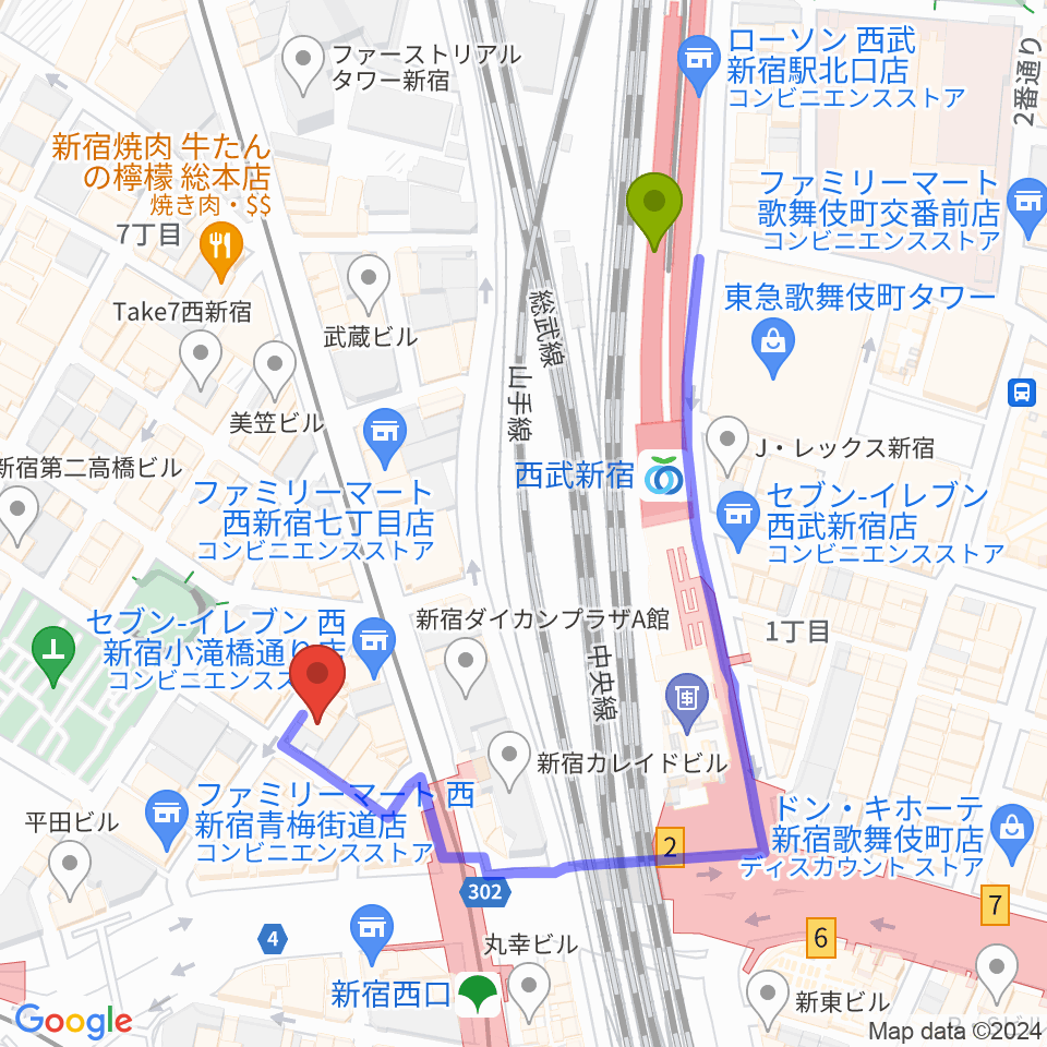 西武新宿駅から音楽スタジオMUSIC MANへのルートマップ地図