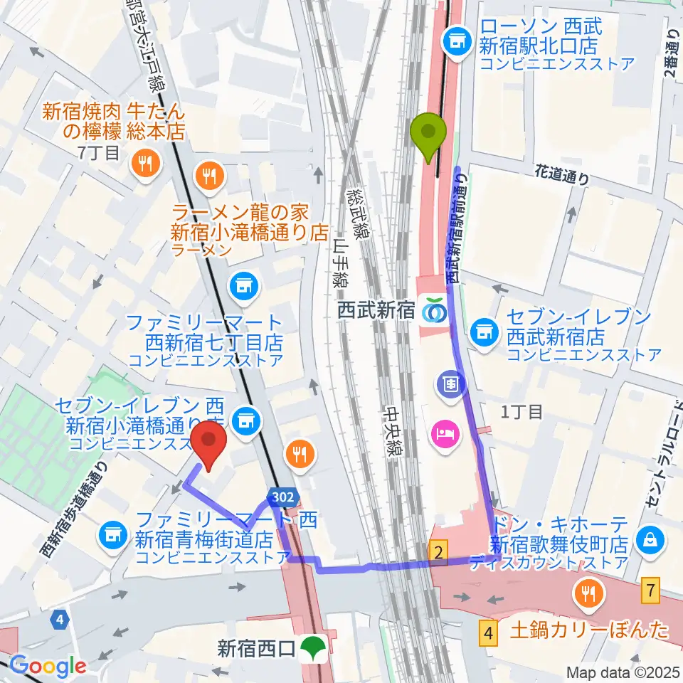 西武新宿駅から音楽スタジオMUSIC MANへのルートマップ地図