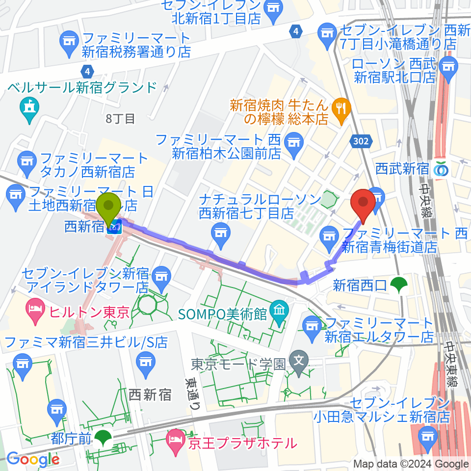 西新宿駅から音楽スタジオMUSIC MANへのルートマップ地図