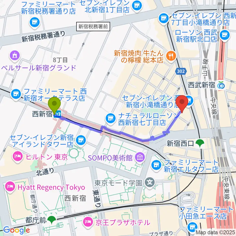 西新宿駅から音楽スタジオMUSIC MANへのルートマップ地図