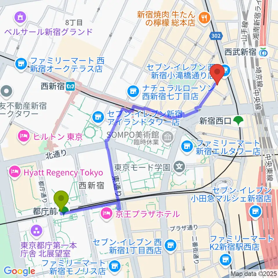 都庁前駅から音楽スタジオMUSIC MANへのルートマップ地図