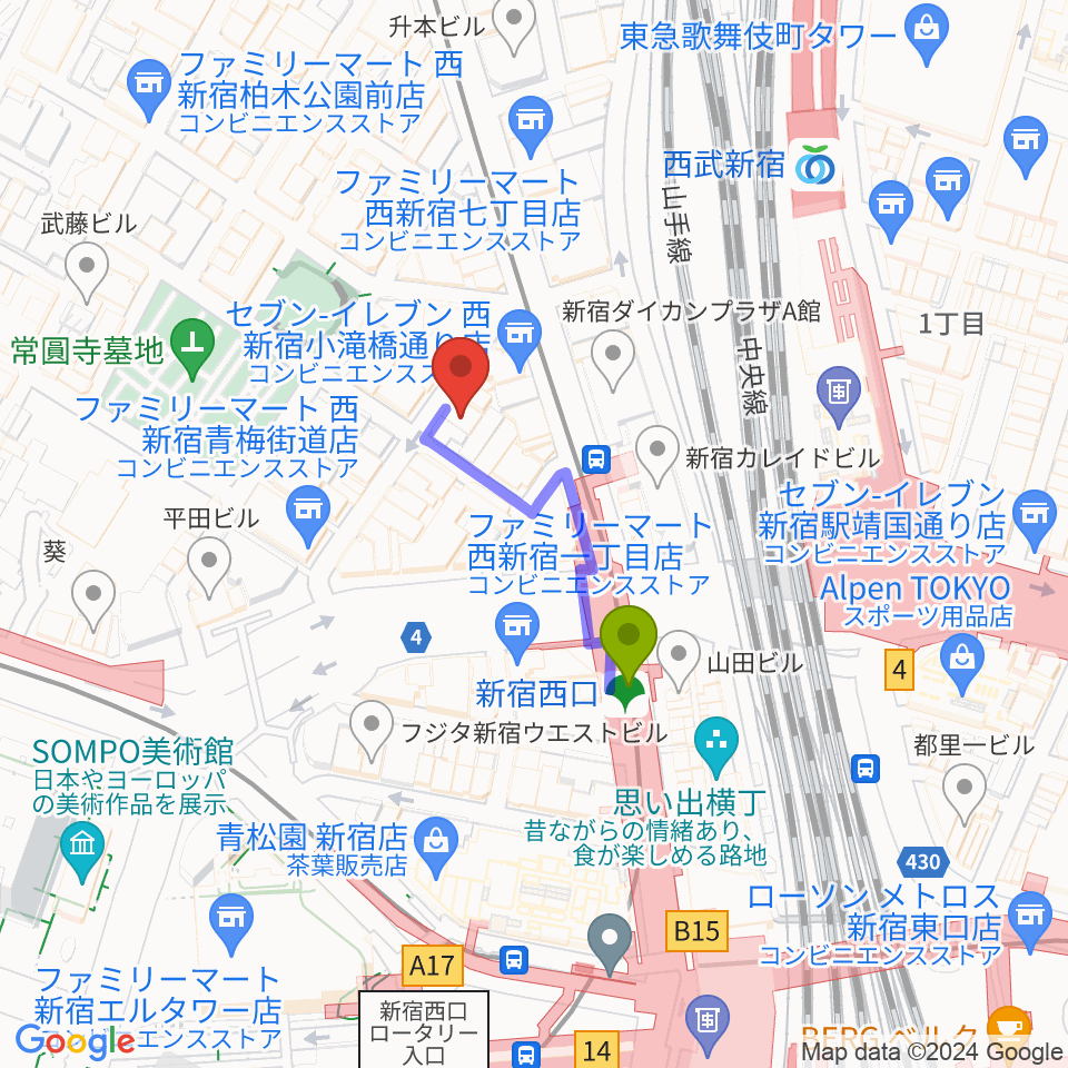 音楽スタジオMUSIC MANの最寄駅新宿西口駅からの徒歩ルート（約2分）地図