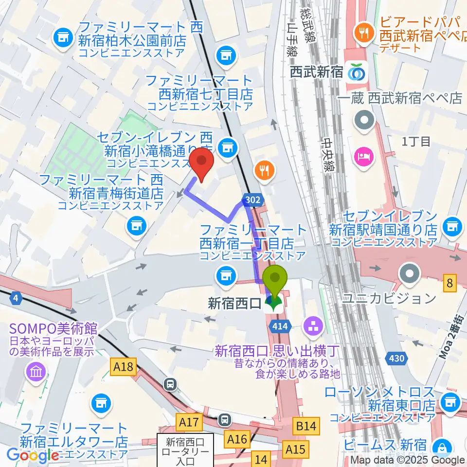 音楽スタジオMUSIC MANの最寄駅新宿西口駅からの徒歩ルート（約2分）地図