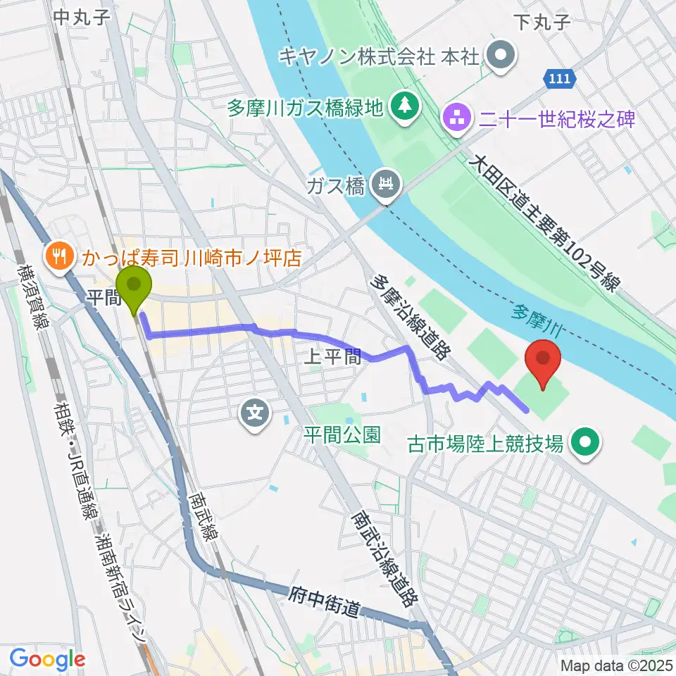 平間駅から上平間球場へのルートマップ地図